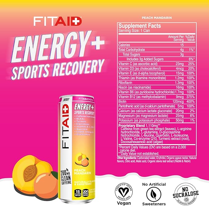 FITAID ENERGY, 200mg Natural Caffeine, Keto, Peach Mandarin, Optimum Performance Formula: BCAAs, Quercetin, Electrolytes, Omega-3s, 15 calories, Paleo, Vegan & Gluten-Free,12 Fl Oz (Pack of 12)