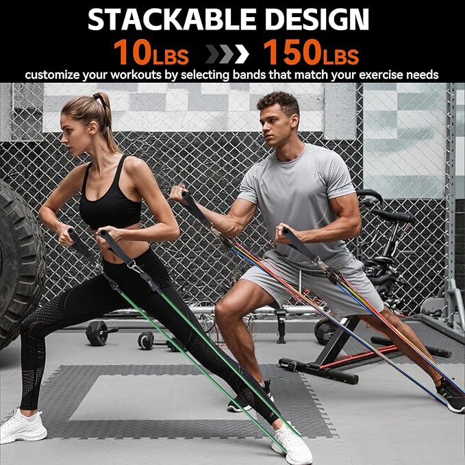 Resistance Bands Workouts Set for Men and Women with Handles - Heavy Duty 150lbs, 11 Piece Elastic Tube Kit for Gym & Home, Strength Training, Yoga, Pilates Therapy for Legs, Chest Power Systems