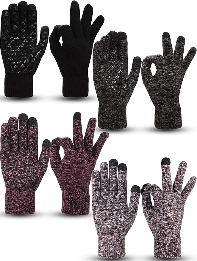SATINIOR 4 Pairs Winter Knit Touchscreen Gloves Warm Texting Gloves Elastic Anti-slip for Adults