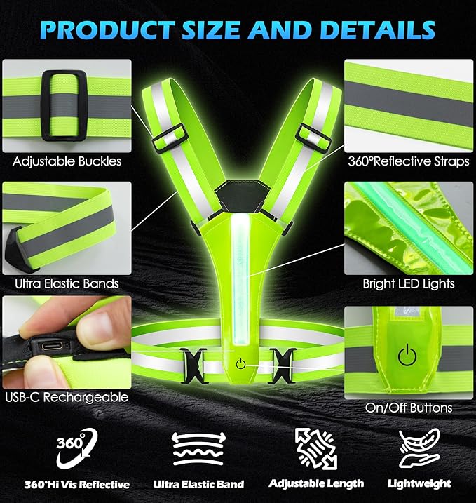 LED Reflective Vest Running Gear, 8 Lights Colors Illuminated, USB-C Rechargeable, High Visibility Safety Vest with Adjustable Waist/Shoulder, Light Up Vest for Night Dog Walking Cycling