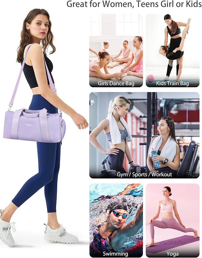 Small Sports Gym Bag for Women Girls Kids Duffle Bag for Fitness Workout, Travel, Dance, Ballet, Swim with Shoes Compartment & Waterproof Pocket, 16" Cute Purple