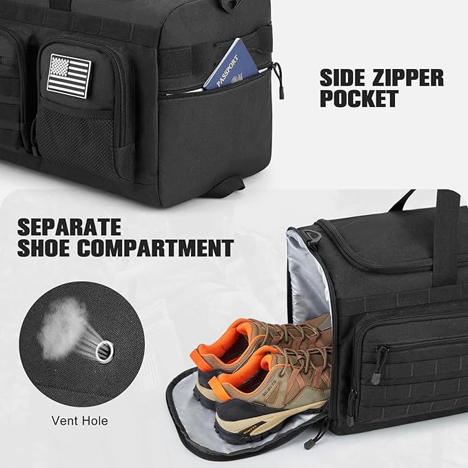 G4Free 3-in-1 Travel Duffle Bag for Men and Women, 50L Large Gym Sports Bags Tactical Military Duffle Backpack with Shoes Compartment and Wet Pocket (Black)