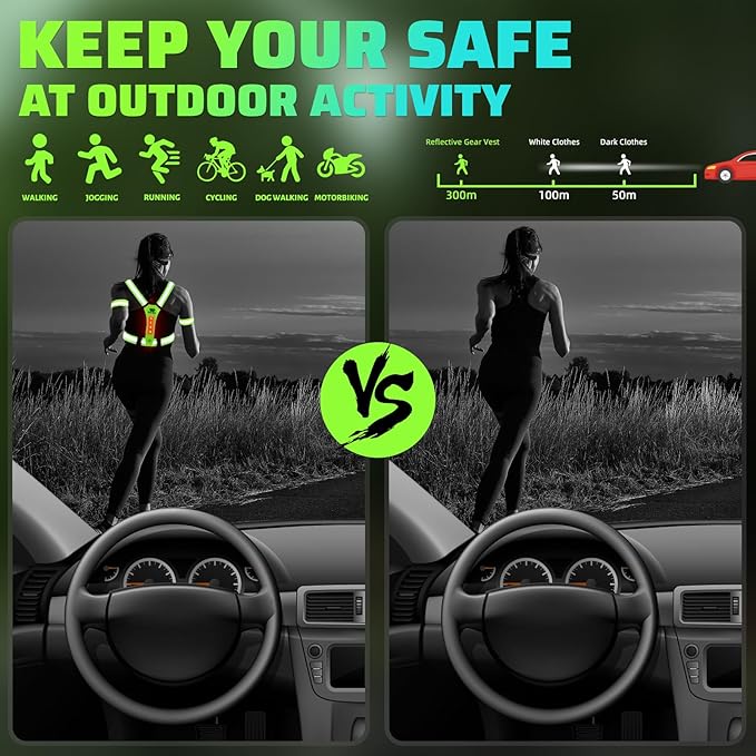West Biking Running Vest Light - Led Running Reflective Gear for Walking at Night, High Visibility Night Rechargeable Light Up Running Vest, Adjustable Running Lights for Runners