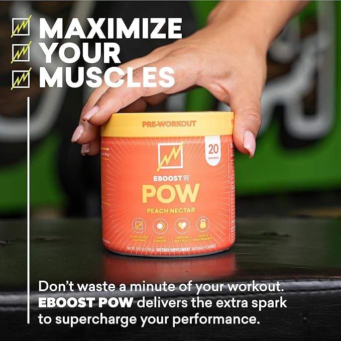 EBOOST POW Natural Pre Workout Powder - 20 Servings, Peach Nectar - Preworkout Energy Booster Gym Supplement Drink Mix for Men and Women - Performance, Joint Mobility Support - Gluten-Free