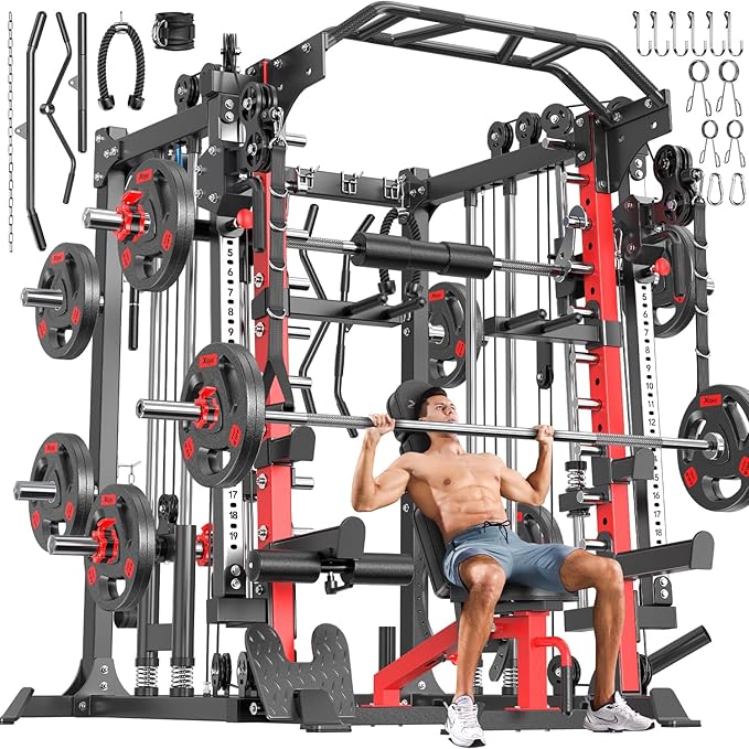 Smith Machine with Cable Crossover System, Multi-Function Squat Rack Power Cage for Home Gym, Power Rack and Packages Weight Sets
