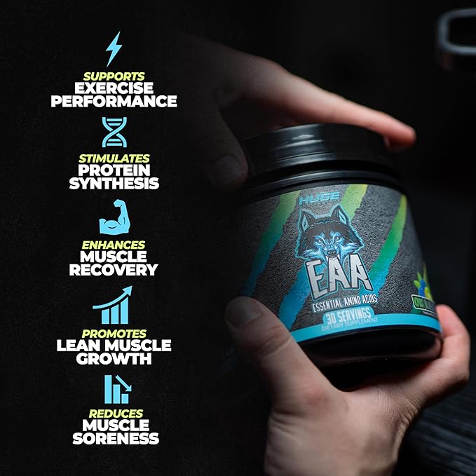 Huge EAA Supplement, Highest Dosed Essential Amino Acids Powder, 12.85g EAAs & 8g BCAAs Per Serving, Maximize Muscle Growth, Recovery & Performance (Kiwi Blueberry, 17.73 Oz.)