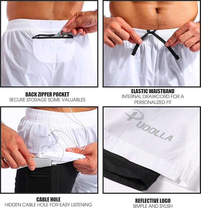 Pudolla Men’s 2 in 1 Running Shorts 5" Quick Dry Gym Athletic Workout Shorts for Men with Phone Pockets