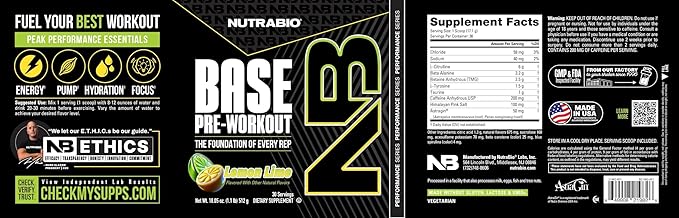 NutraBio Base Pre-Workout Powder 200mg Caffeine, Sustained Energy, Focus, Endurance, Pump, Sugar Free, Clean Preworkout for Men and Women - Beta Alanine, L-Tyrosine, 30 Servings - Lemon Lime