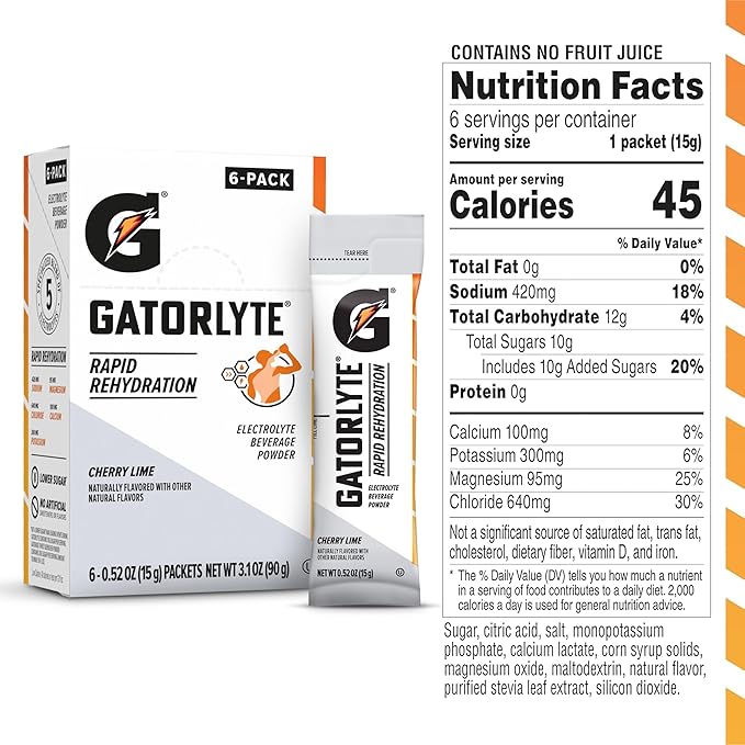 Gatorlyte Powder Cherry Lime, makes 16.9oz serving, net weight 3.1 oz (Pack of 6)