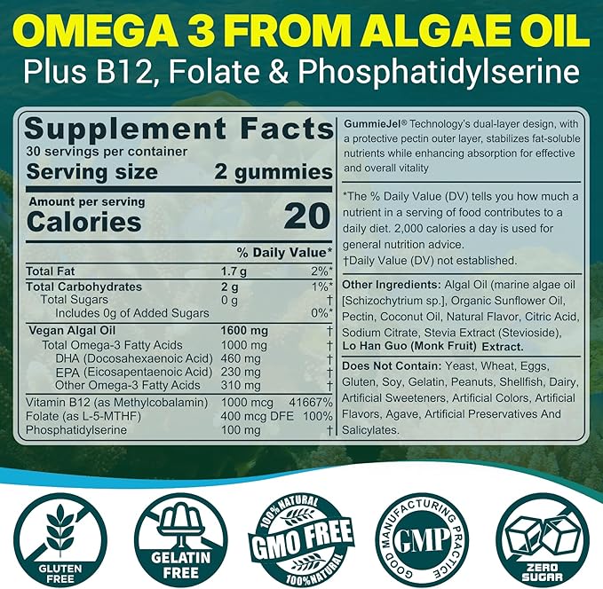 Algae Omega 3 Gummies 1000mg, Plant Based DHA 460mg & EPA 230mg, Omega 3 Fish Oil Alternative for Adults, Plus MethylFolate, Vitamin B12, Phosphatidylserine, No Fishy Taste, Vegan, Sugar Free, 60 Cts