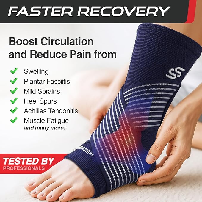 Sleeve Stars Ankle Brace for Women & Men, Ankle Wrap for Sprain, Compression Sleeve for Plantar Fasciitis Relief, Easy Customizable Support: w/ Removable Strap (Single/M:10"-12"/Navy Blue)