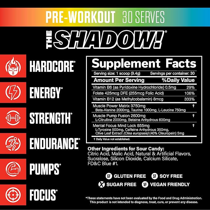JNX SPORTS The Shadow! 350mg of Caffeine Hard Core Preworkout - Sour Candy 30 Servings | Electric Energy, Mental Focus & Superhuman Strength for Men & Women