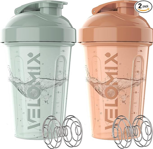VELOMIX -2 Pack- 20 oz Protein Shaker Bottles for Protein Mixes - 2x Wire Whisk | Leak Proof Shaker Cups for Protein Shakes and Pre Workout | Protein Shaker Bottle Pack (Mint Glow)
