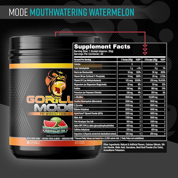 Gorilla Mind Pre Workout - Massive Pumps Laser Focus Energy Power - L-Citrulline, Creatine, L-Tyrosine, Betaine, Hydroprime, Alpha-GPC, 400mg Caffeine, Huperzine A - 800g (Watermelon)