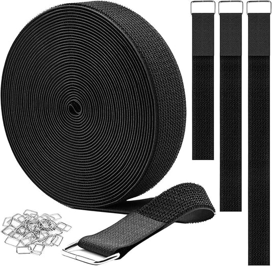 1.5"x32ft Hook and Loop Straps with 30 Metal Buckles, Adjustable Fastening Cable Straps, Cut-to-Length Cinch Strap, Reusable Nylon Securing Cord Ties for Organizer or Storage, Black
