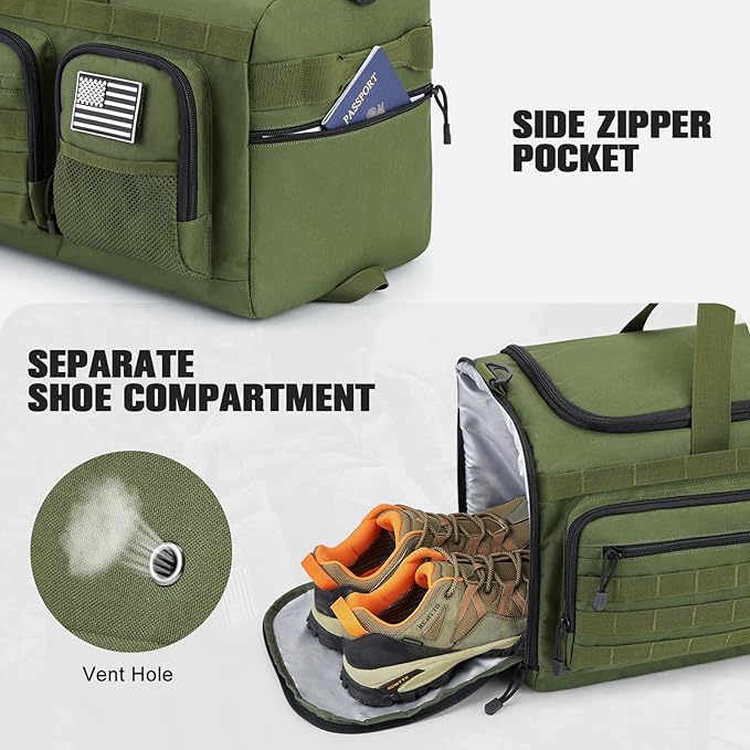 G4Free 3-in-1 Travel Duffle Bag for Men and Women, 50L Large Gym Sports Bags Tactical Military Duffle Backpack with Shoes Compartment and Wet Pocket (Green)