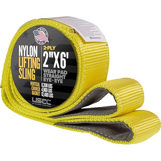 US Cargo Control Nylon Lifting Sling with Wear Pads 2" x 6', 2-Ply Eye to Eye Slings (Made in USA) - 4,960 LBS Choker, 6,200 LBS Vertical, 12,400 LBS Basket Capacity - Lift Straps for Lifting