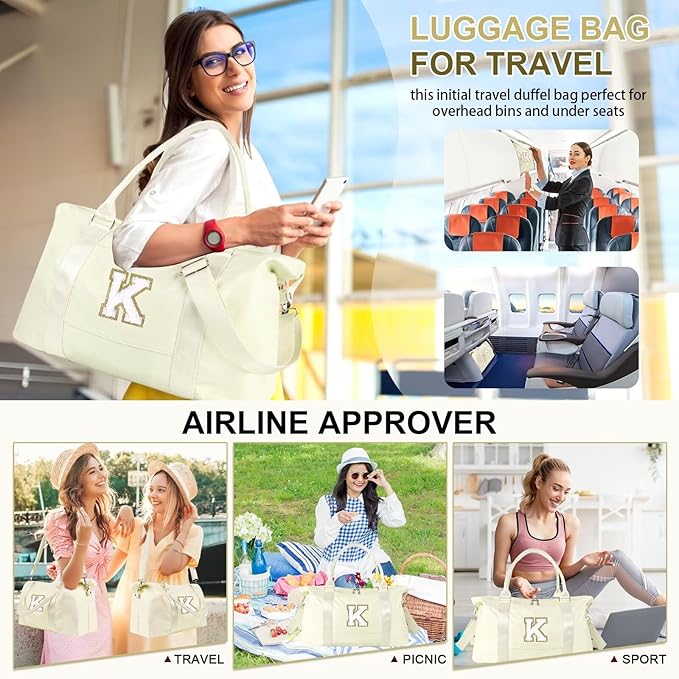 Dance Gym Duffel Bag for Teen Girls, Personalized Initial Travel Weekender Bag,Cute Overnight Carry On Duffle for Women,Sports Travel Cheer Bag,Monogram Christmas Gifts for Tween Preppy(beige-K)