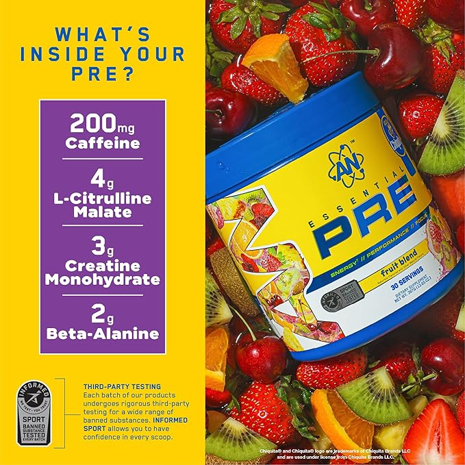AN Essentials Pre-Workout Powder Supplement for Men & Women | Energy Drink Mix with 200mg Caffeine, Beta Alanine, Citrulline, & Creatine | Fruit Blend | 30 Servings