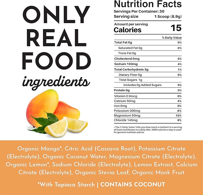 JUST INGREDIENTS Mango Lemonade Electrolyte Drink Mix - Coconut Water, Sea Salt, Trace Minerals - 30 Servings