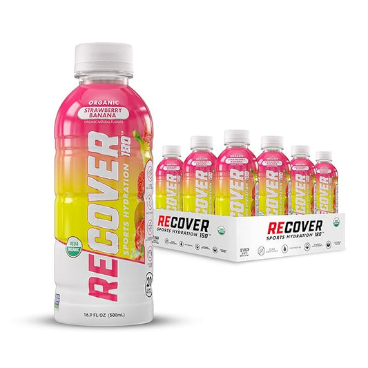 RECOVER 180 Organic Sports Hydration Drink, No Sugar Added, 20 Calorie Sports Beverage, Organic Flavors With Vitamins, Potassium-Packed Electrolytes (16.9 Fl Oz (Pack of 12), Strawberry Banana)