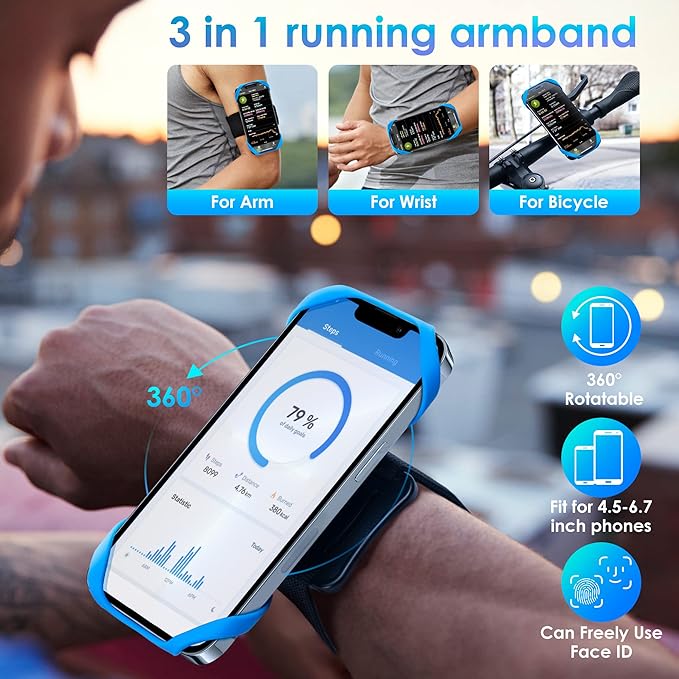 Cikyner Running Armband, 3 in 1 360° Rotatable & Detachable Sports/Bicycle Phone Holder for 4.5-7'' Smartphones, Ideal for Gym, Jogging, Hiking