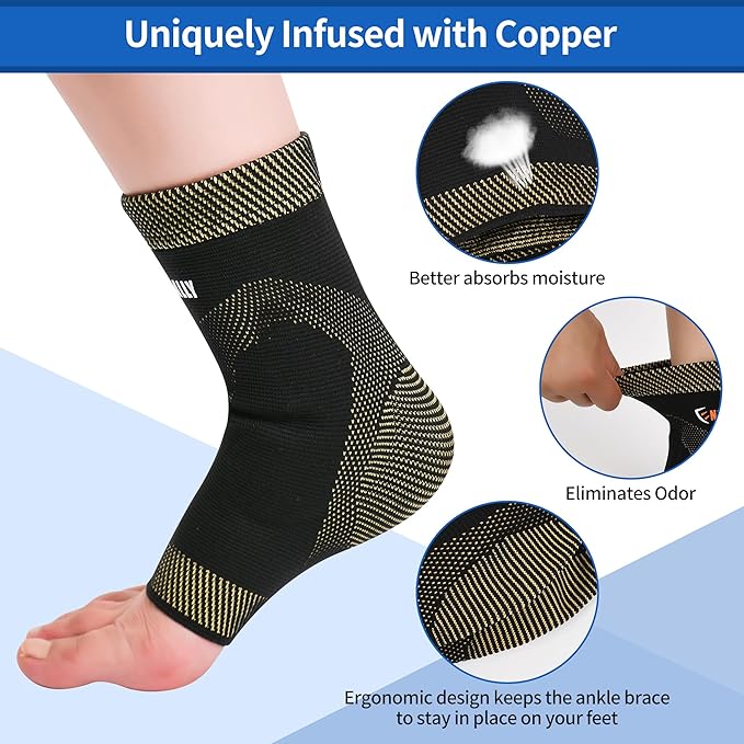 NeoAlly Copper Ankle Support Brace Compression Sleeve with Silicone Gel Reduce Foot Swelling Pain Relief from Plantar Fasciitis and Achilles Tendon (Medium - 1 Pair)