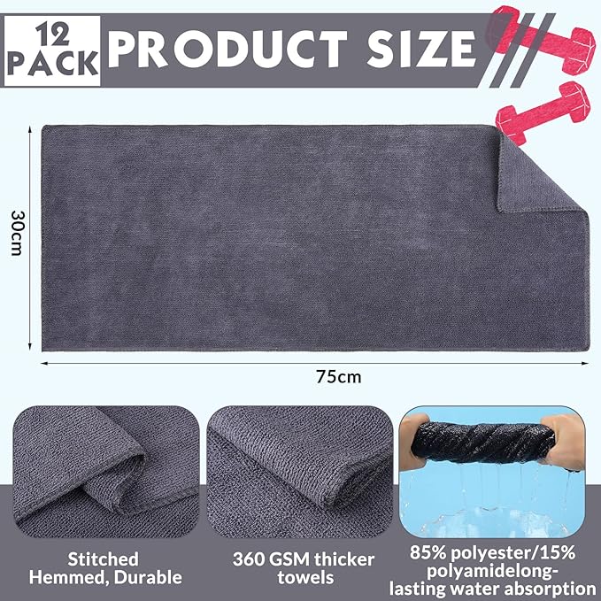 Handepo 12 Pcs Microfiber Workout Gym Towels, 360 GSM 12 x 30 Inch Gentle and Fast Drying Absorbent Towels for Men Women Yoga Travel Sports(Gray)