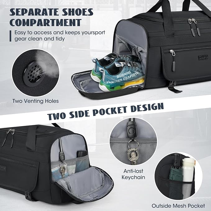 IGOLUMON Gym Bag for Men 55L Sports Duffel Bags Gym Duffle Bag Women with Shoe Compartment & Wet Pocket Water Resistant Travel Duffel Bag Lightweight Weekender Overnight Bag Black