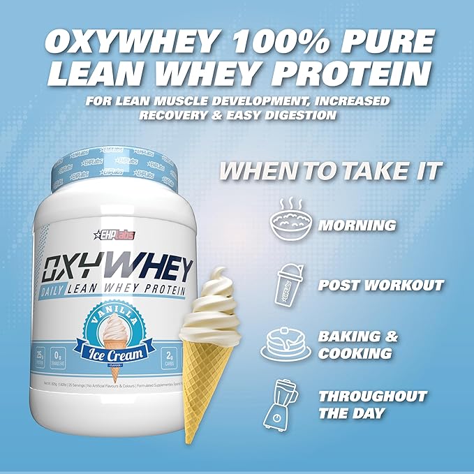 EHP Labs OxyWhey Whey Protein Isolate – 25g High Protein, Low Carb, Sugar Free Meal Replacement – Lean Whey Powder for Muscle Recovery – Non-GMO, Gluten Free – 25 Serves – Vanilla Ice Cream