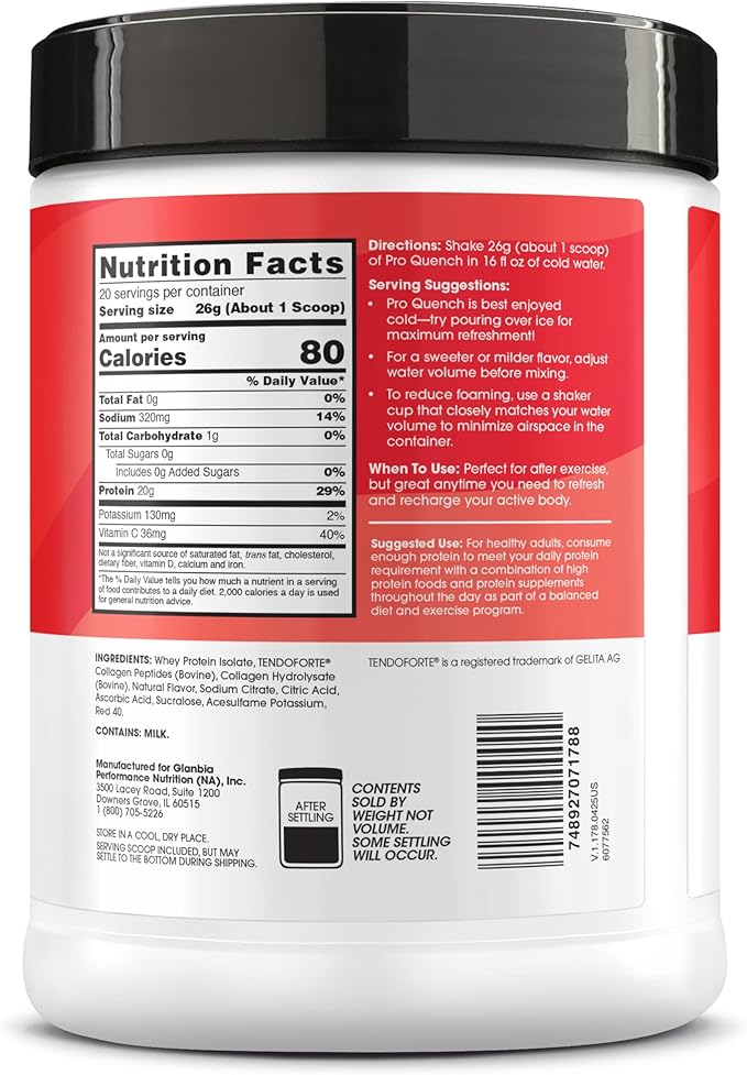 Optimum Nutrition Pro Quench, 10g Clear Protein, 10g Collagen peptides & Electrolyte Powder Drink Mix, Strawberry, 20 Servings, 520 Grams (Packaging May Vary)