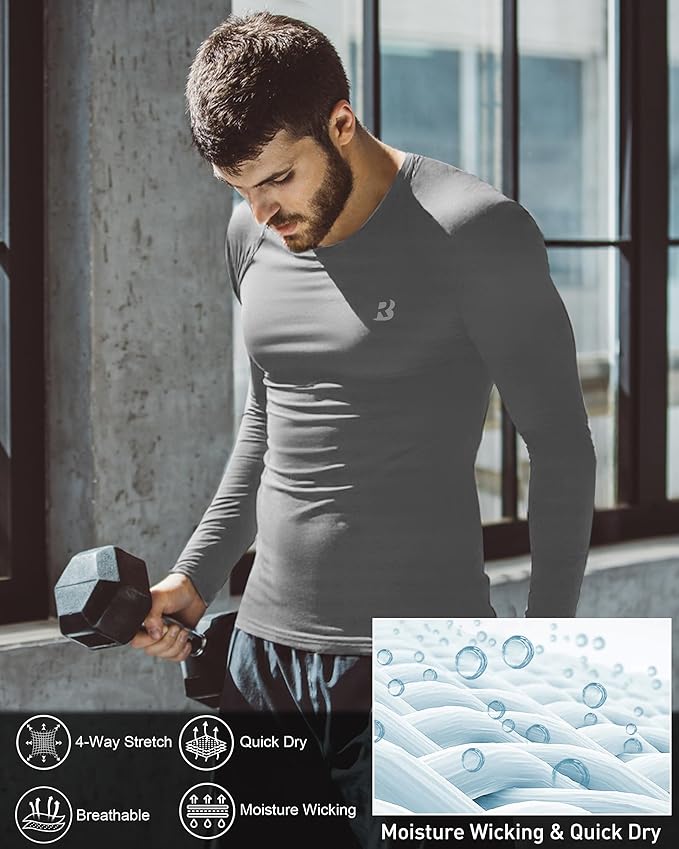 Roadbox Mens Compression Shirt, Cool Dry Long Sleeve Workout Shirts, Running Athletic Football Gym Base Layer Tops UPF 50+