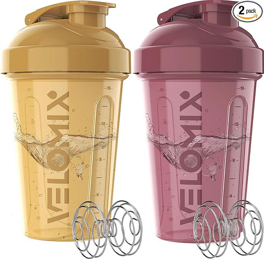 VELOMIX -2 Pack- 20 oz Protein Shaker Bottles for Protein Mixes - 2x Wire Whisk | Leak Proof Shaker Cups for Protein Shakes and Pre Workout | Protein Shaker Bottle Pack (Berry Surf)
