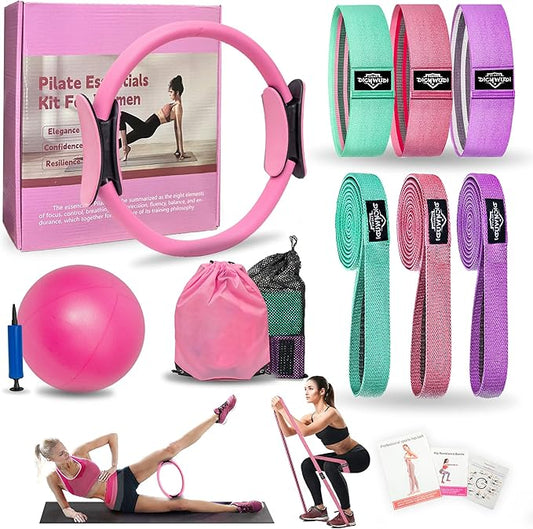 Pilates Essentials Kit for Home Women, Pilates Equipment for Workouts, 6 Fabric Resistance Bands, 12 Inch Magic Circle Yoga Ring, Mini Exercise Ball, Great Exercise Equipment