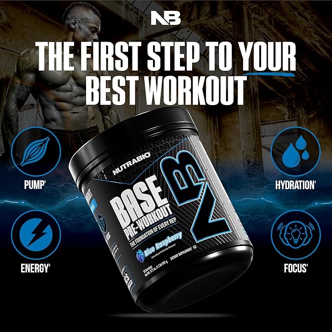NutraBio Base Pre-Workout Powder 200mg Caffeine, Sustained Energy, Focus, Endurance, Pump, Sugar Free, Clean Preworkout for Men and Women - Beta Alanine, L-Tyrosine, 30 Servings - Blue Raspberry