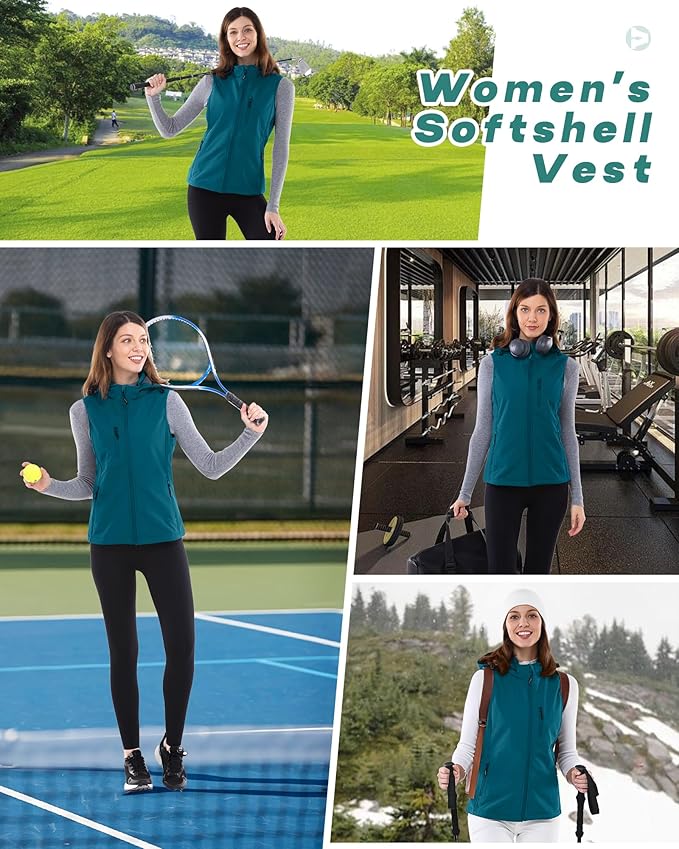 Outdoor Ventures Women's Hooded Lightweight Softshell Vest, Windproof Fleece Lined Sleeveless Jacket for Golf Running Travel