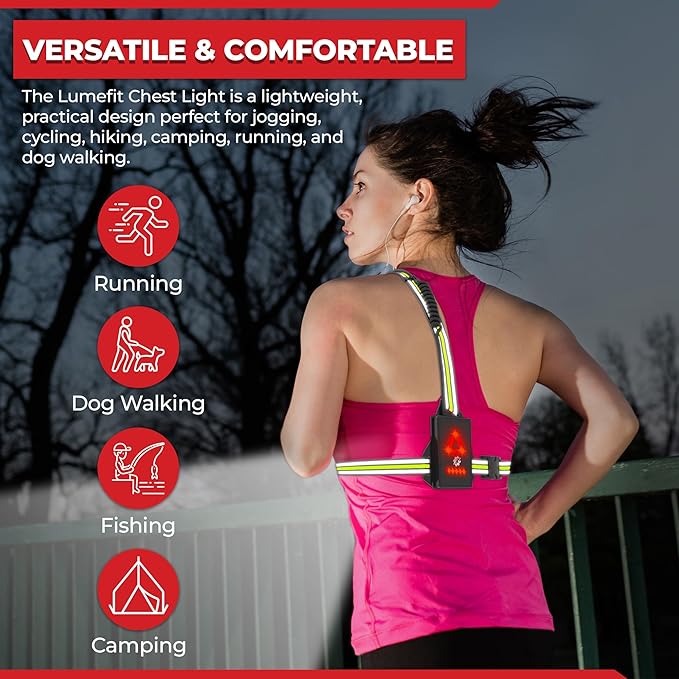 LUMEFIT Running Lights for Runners with Yellow Reflective Vest, Adjustable Beam Night Safety LED Chest Light Run, Dog Walking, and Jogging Gear, Rechargeable Headlamp Flashlight