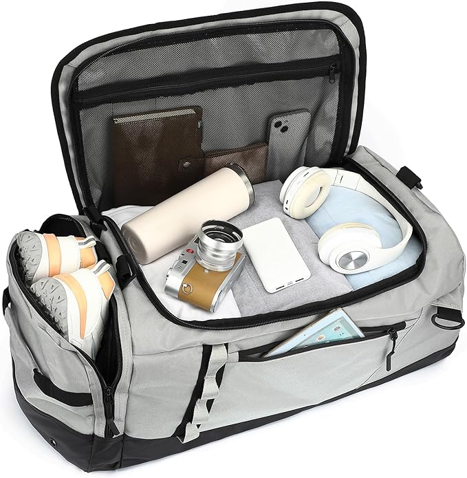 Large Travel Duffle Bag Backpack for Men Women 70L Big Sports Gym Bag with Shoe Compartment Heavy Duty Duffel Bags with Padded Straps for Weekend Overnight Camping, Grey