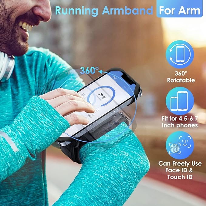 Cikyner Running Armband, 360° Rotatable & Detachable Phone Holder for Sports with Earphone/Cash Pocket, Fits 4.5-7" Smartphones for Gym, Jogging, Hiking