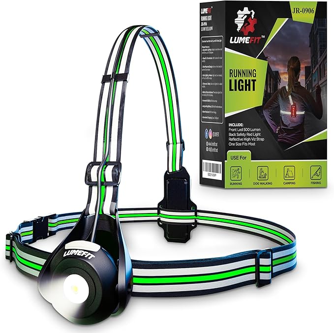 LUMEFIT Running Lights for Runners with Yellow Reflective Vest, Adjustable Beam Night Safety LED Chest Light Run, Dog Walking, and Jogging Gear, Rechargeable Headlamp Flashlight