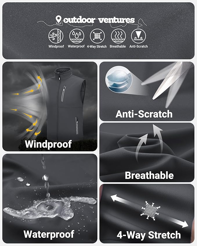 Outdoor Ventures Men's Windproof Softshell Vest Outerwear Lightweight Sleeveless Jacket for Running Golf Hiking Travel