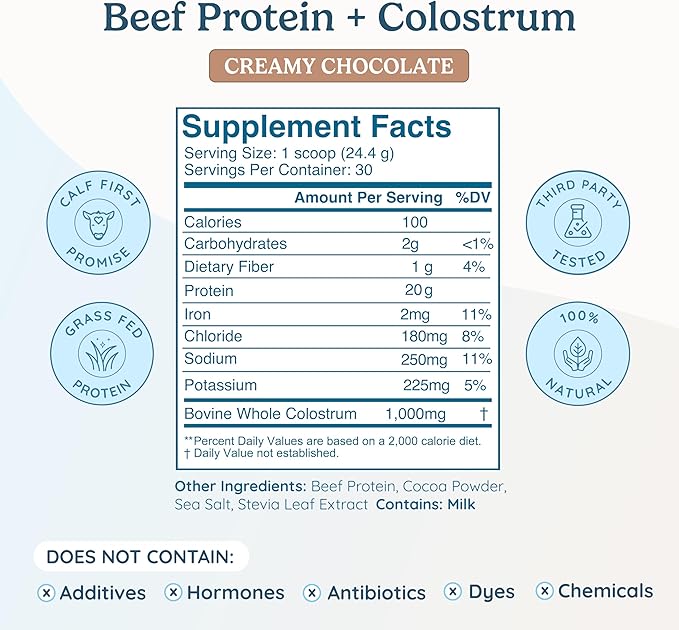 WONDERCOW Beef Protein Isolate Powder w/Bovine Colostrum Supplement | Clean, 100% Grass Fed, Carnivore, Keto Friendly | Gluten Free | Helps Build Lean Muscle | 20g of Protein, 30 Servings, Chocolate