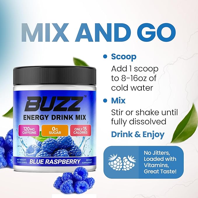 Morning Buzz Energy Drink Powder - Energy Boost Drink Mix - Sugar-Free Energy with Antioxidants - Morning Kickstart and Sports Nutrition Endurance Product - 30 Servings, Blue Raspberry, 8 Ounces