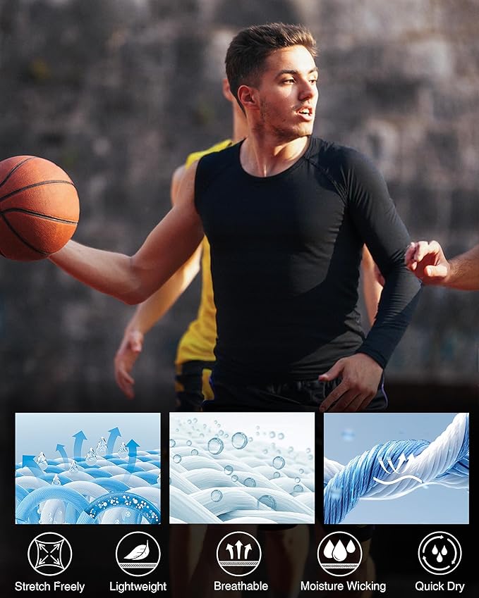 Mens One Arm Sleeve Compression Shirts 1/2 Long Sleeve Athletic Base Layer Undershirt Basketball Workout Top
