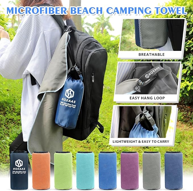 HOEAAS 2 Pack Microfiber Camping Towels, Quick Dry Towel, Super Absorbent Ultra Compact Travel Towel Soft Lightweight Sports Towel for Sweat Fast Drying Towels for Pool,Gym,Hiking,Backpacking,Fitness