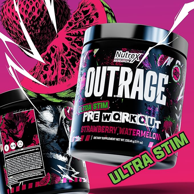Outrage Ultra HIGH STIM Pre-Workout Powder for Men | 400mg Caffeine, L-Citrulline, Beta-Alanine, Creatine | Extreme Energy, Focus, Strength & Endurance (30 Servings, Strawberry Watermelon)