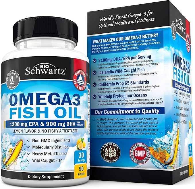 Triple Strength Omega 3 Fish Oil Supplement - 2250mg EPA DHA Omega 3 Fatty Acids from Fresh Wild Caught Fish, Burpless Lemon Flavor Formula Supports Eye Health and More, Gluten Free, 90 Softgels