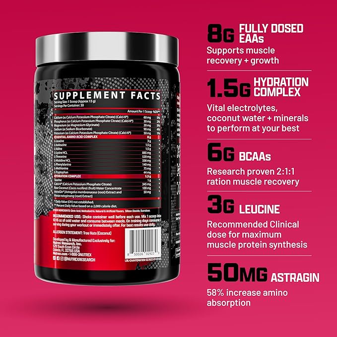 Nutrex Research EAA Hydration | EAAs + BCAA Powder | Muscle Recovery, Strength, Muscle Building, Endurance | 8G Essential Amino Acids + Electrolytes | 30 Servings (Fruit Punch)