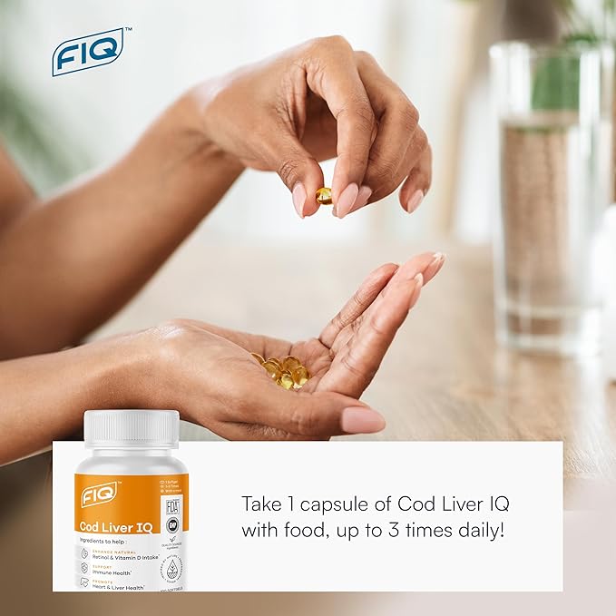 FIQ - Cod Liver IQ - Cod Liver Oil Softgels - Natural Source of Vitamins A & D and Omega-3 Fatty Acids - Heart, Liver & Immune Health - 100 Softgels