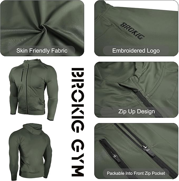 BROKIG Mens WindBreak Lightweight Running Jackets with Zip Pocket, Workout Track Hoodie Athletic Gym Sweatshirts Men
